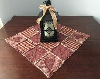 Farmhouse Homespun Rag Quilt Table Runner 12 x 28 Beige Tan Blue Gold Brown