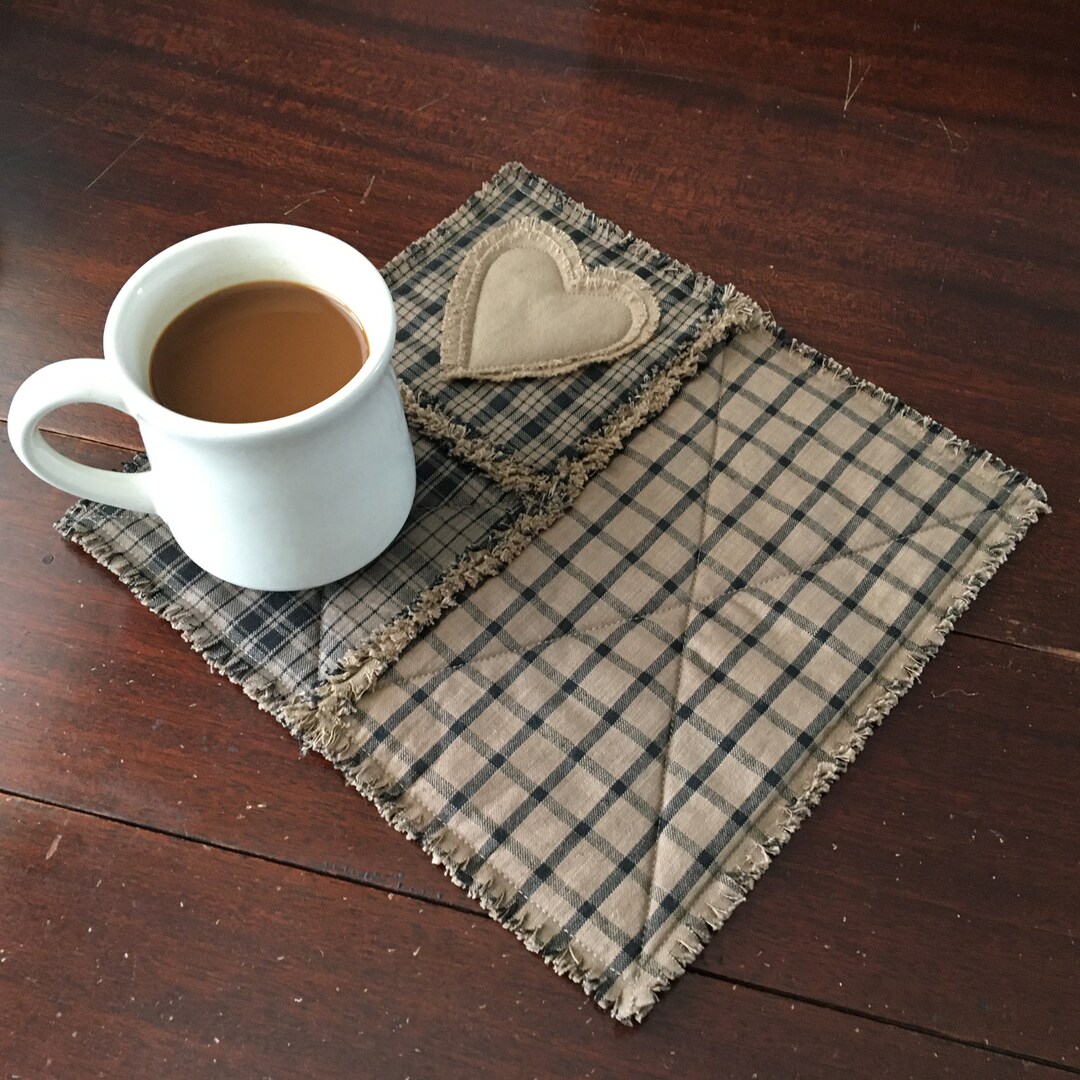 Homespun Heart Mug Rug Candle Mat Black Beige Plaid Fabric Primitive ...