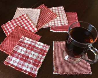 Red Plaid Homespun Coasters Mug Rugs Burgundy Ivory Beige Checks Stripes Primitive Rustic Country Cotton Fabric Rag Quilt Style Set of 8