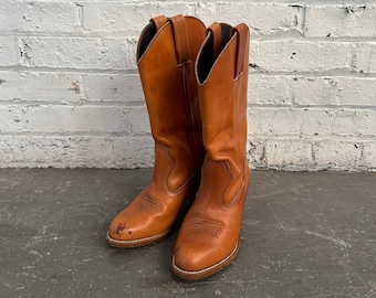 1970s Cognac Brown Leather Dexter Stacked Heel Cowboy Cowgirl Boots Women's Size 7