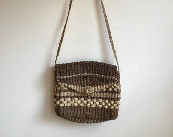 Vintage Brown and Cream Straw Crossbody Shoulder Bag Purse