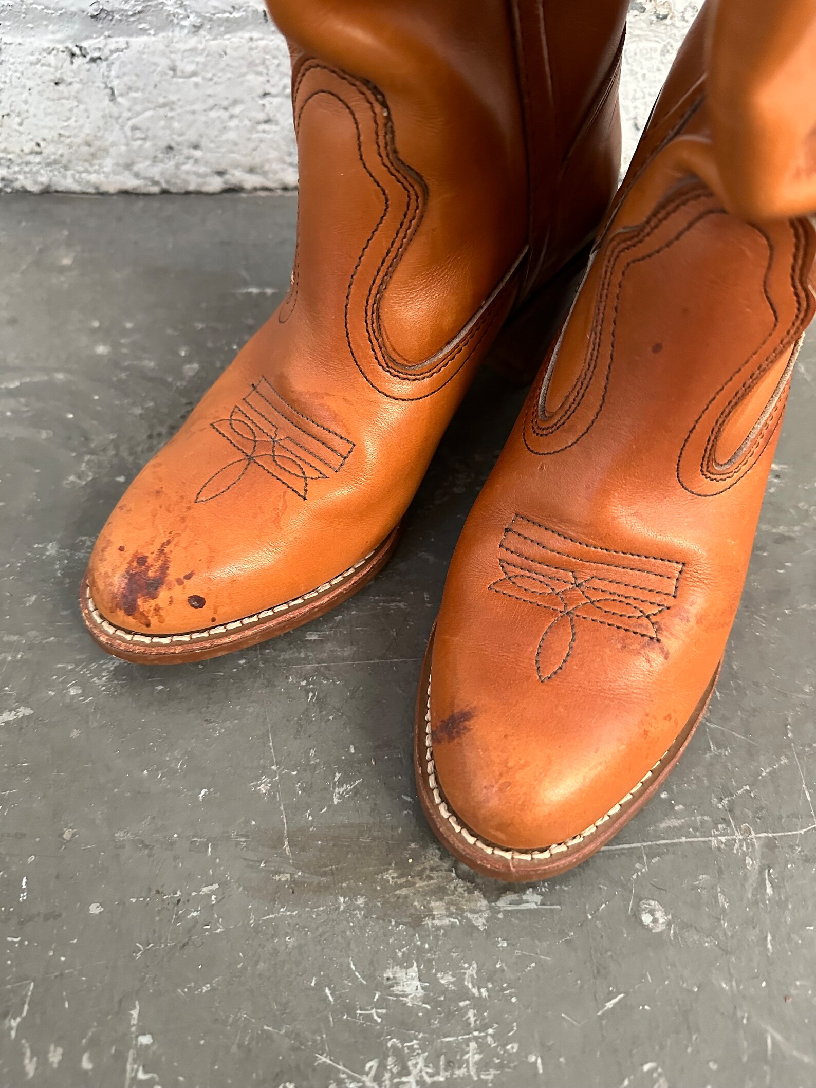 1970s Cognac Brown Leather Dexter Stacked Heel Cowboy Cowgirl Boots ...