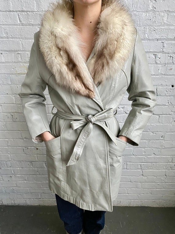 1970s Powder Blue Fox Fur Collar Leather Wrap Coat