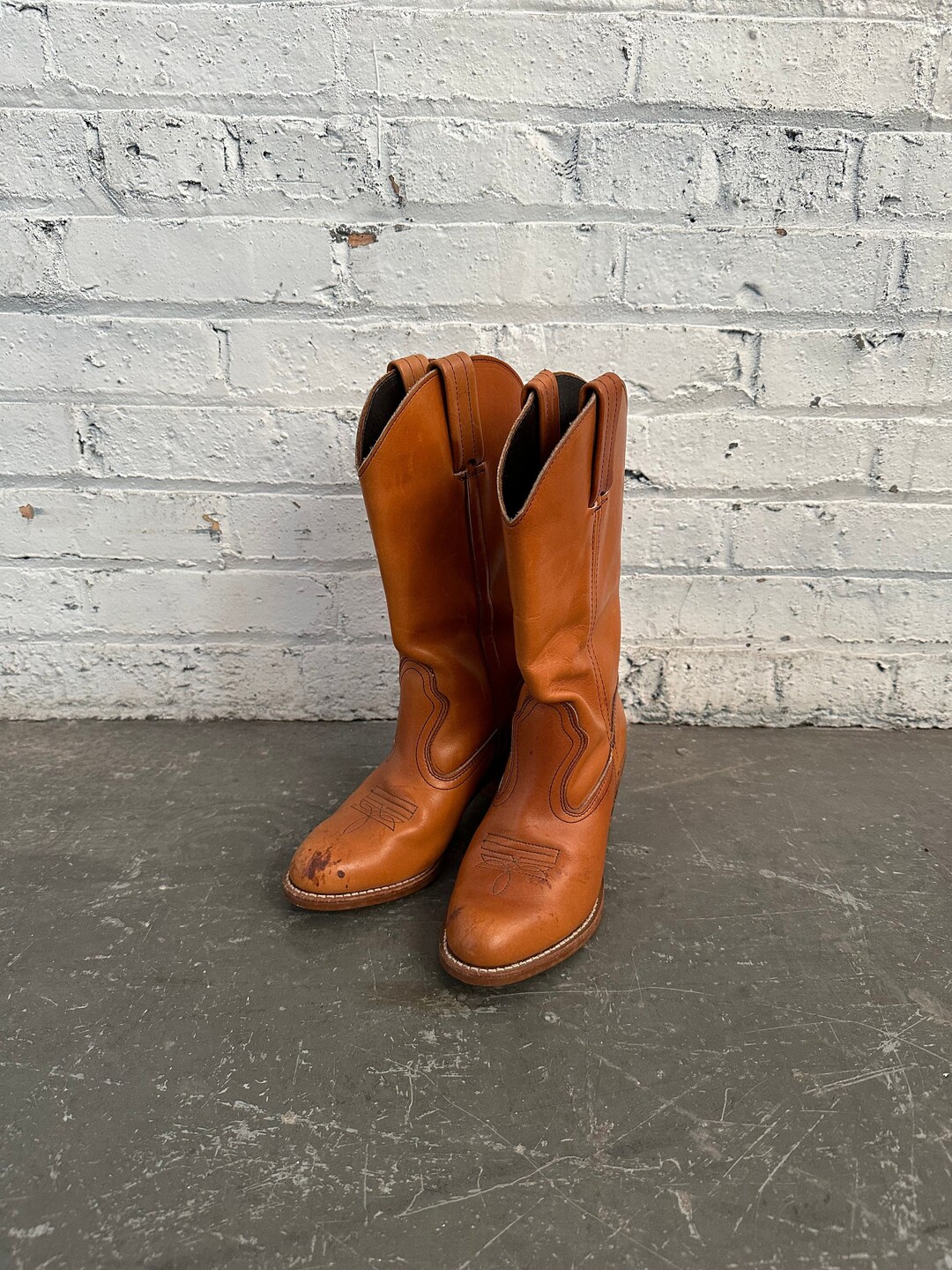 1970s Cognac Brown Leather Dexter Stacked Heel Cowboy Cowgirl Boots ...