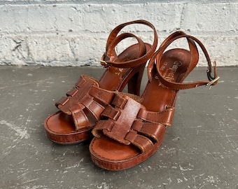 1970s Vintage Capeto's Brazil Leather Wood Platform Sandals Women's Size 6.5