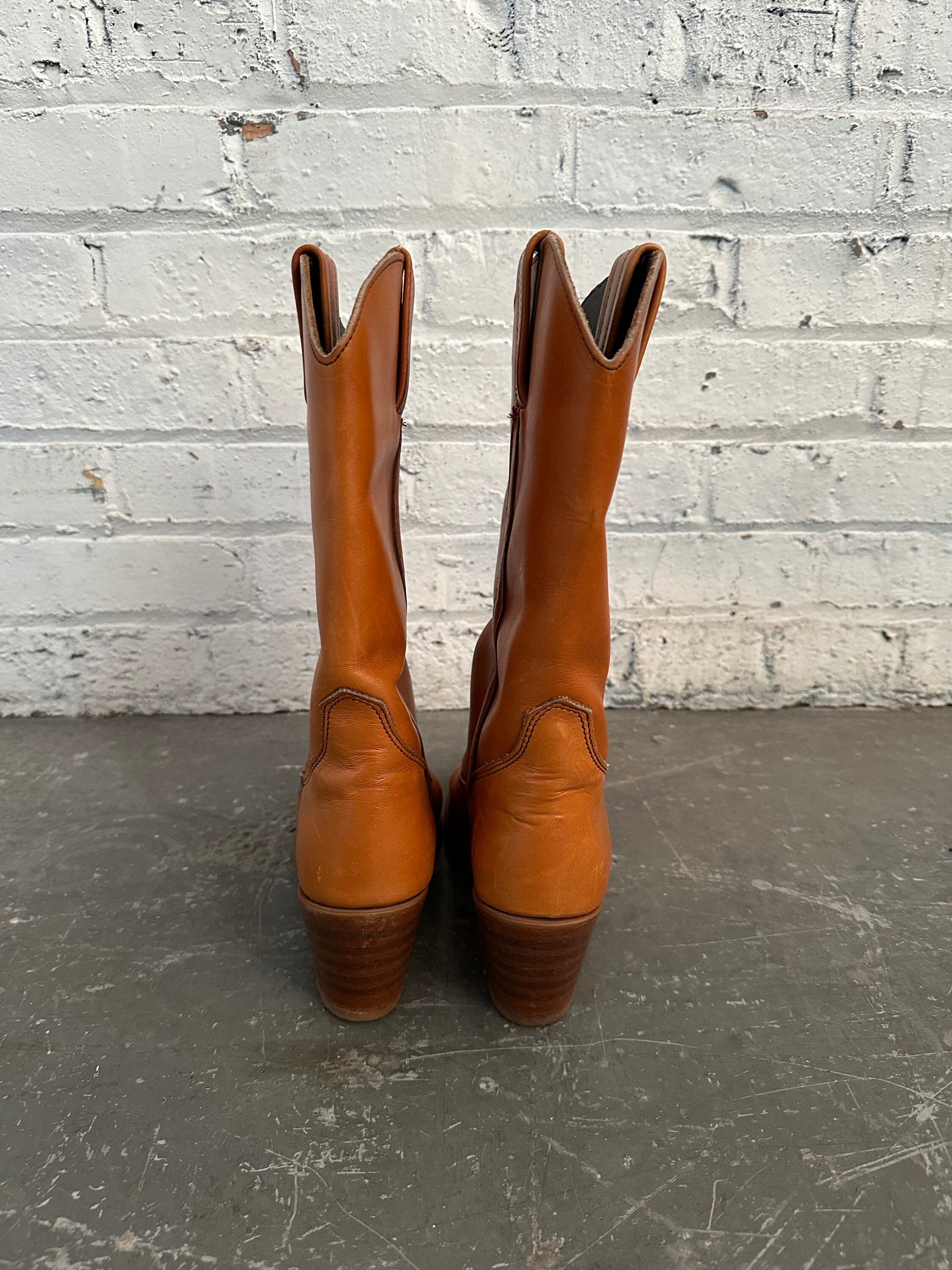 1970s Cognac Brown Leather Dexter Stacked Heel Cowboy Cowgirl Boots ...