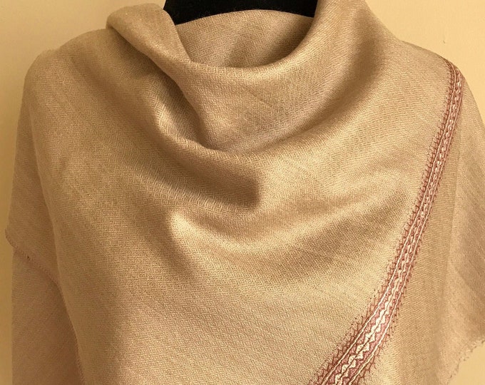 Zayna Royale Hand Embroidered Wool Scarf / Wrap - Biscotti