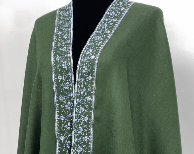 Dawqawi Sandala Hand Embroidered Wool Shawl - Dark Seaweed Green