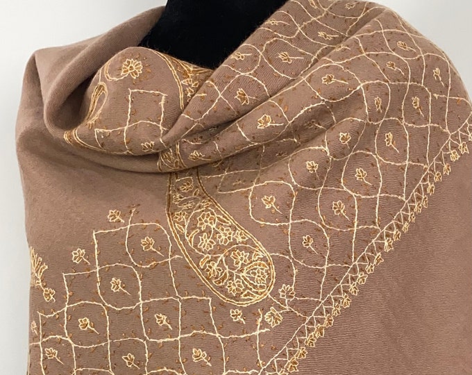 Slender Paisley Hand Embroidered Wool Wrap / Scarf - Sepia Beige