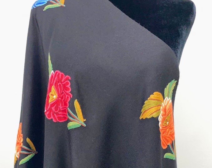 Elizabeth Hand Embroidered Rose Wool Scarf / Wrap
