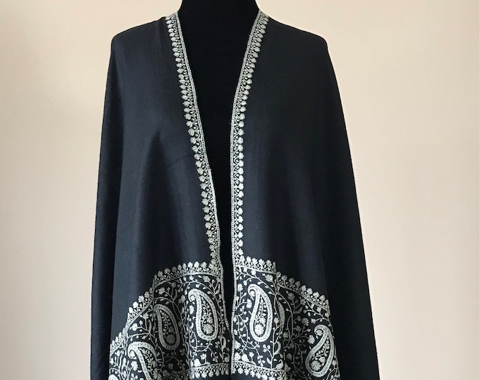 Paisley Border Hand Embroidered Wool Shawl