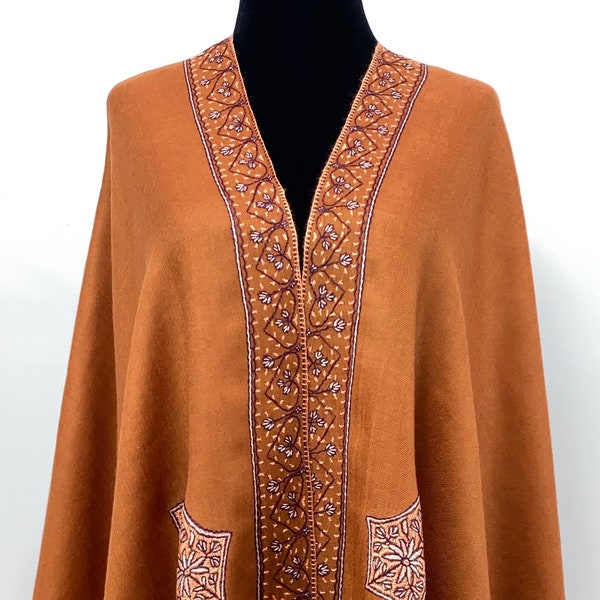 Alawi Sandala Hand Embroidered Wool Shawl - Bronze Rust