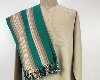 Habirah Yemeni Cotton Shawl - Green, Beige & Orange