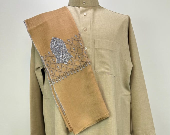 Taha Sandala Hand Embroidered Wool Shawl - Latte Tan
