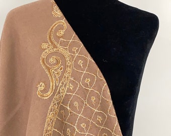 Slender Paisley Hand Embroidered Wool Wrap / Scarf - Sepia Beige