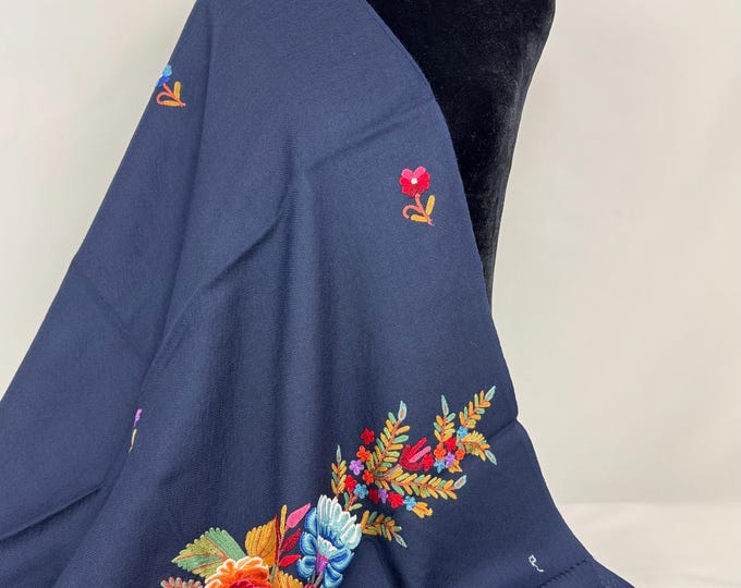 Elizabeth Hand Embroidered Floral Medley Wool Scarf / Wrap - Navy Blue