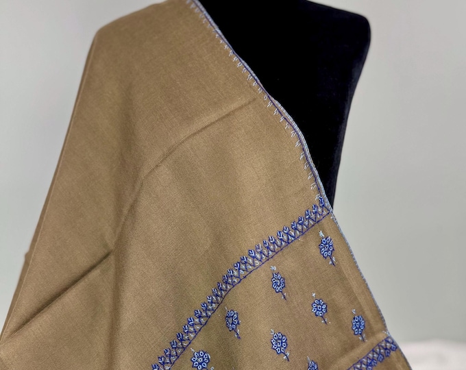 Bahaar Floral Meadow Wrap - Hand Embroidered - Premier Soft Wool - Dark Hazelwood Brown