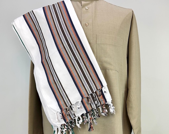 Habirah Yemeni Cotton Shawl - White #3 - Denim Blue, Cocoa, Green