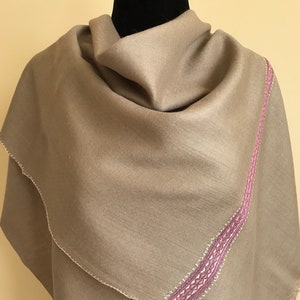 Zayna Royale Hand Embroidered Wool Scarf / Wrap - Flax Brown