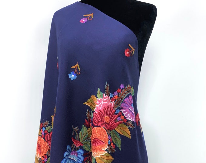 Elizabeth Hand Embroidered Floral Medley Wool Scarf / Wrap - Denim Blue