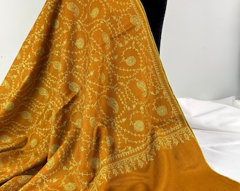Sunflower Vines Cashmere Shawl -  Mustard - Handloom & Hand Embroidered