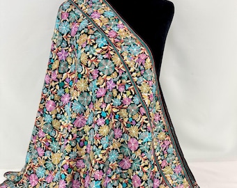 Mughal Jamavar - Hand Embroidered Wool Wrap: Black Kashmiri Floral Scarf  - Black, Blues & Orange