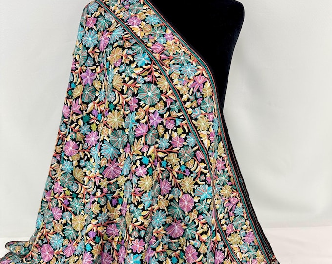 Mughal Jamavar - Hand Embroidered Wool Wrap: Black Kashmiri Floral Scarf  - Black, Blues & Orange