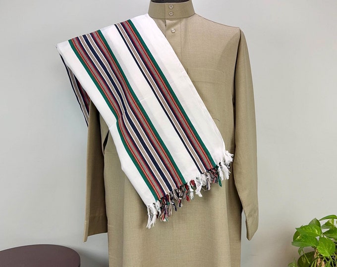 Habirah Yemeni Cotton Shawl - White #4 - Green, Orange & Denim