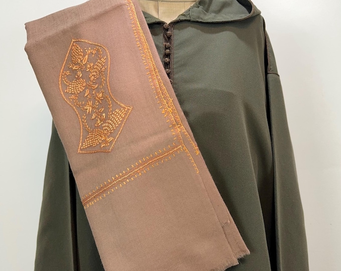 Zayn Sandala Hand Embroidered Wool Shawl - Light Sienna Brown