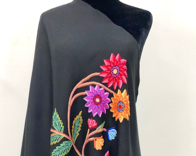 Elizabeth Hand Embroidered Floral Medley Wool Scarf / Wrap
