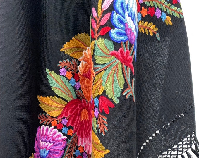 Elizabeth Hand Embroidered Floral Medley Wool Scarf / Wrap
