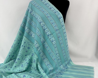 Hand Embroidered Wool Shawl: Kashmir Floral Vines  - Sky Blue, Light Teal & Mint Green