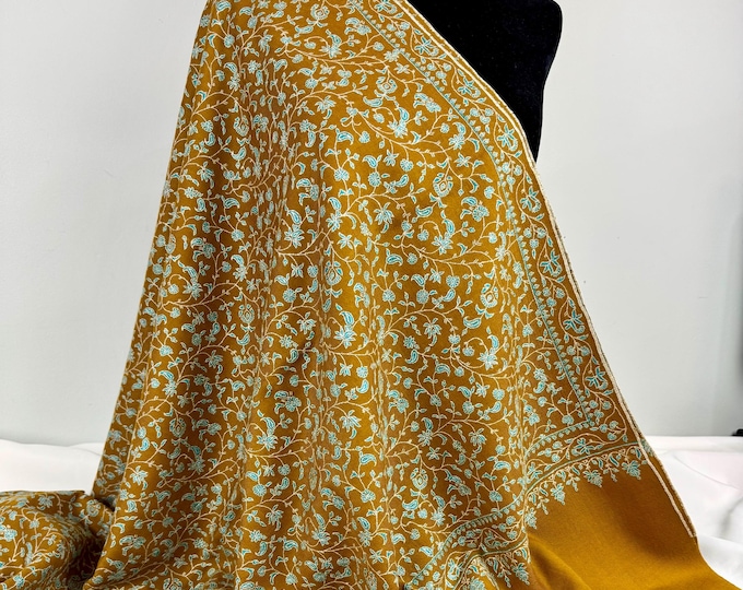 Jahan Ara Cashmere Shawl -  Ginger Honey Gold, Sky Blue & Pearl White - Handloom, Hand Embroidered