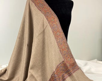 Nur Jehan Cashmere Shawl -  Two-Tone Light Brown Tan - GI Certified Handloom Hand Embroidered