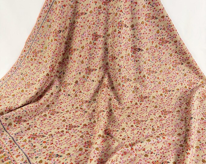 Josephine Floral Handloom Handspun Hand Embroidered Cashmere Shawl -  Lavender Tan