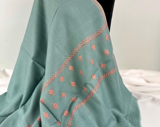 Bahaar Floral Meadow Wrap - Hand Embroidered - Premier Soft Wool - Pastel Sapphire Blue