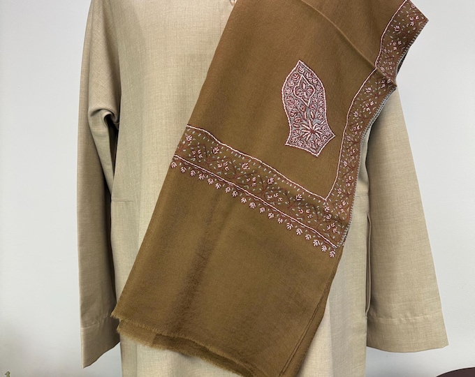 Darqawi Sandala Hand Embroidered Wool Shawl - Caramel Brown