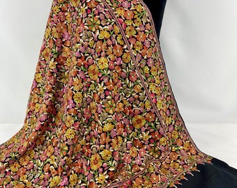 Mughal Jamavar - Hand Embroidered Wool Wrap: Black Kashmiri Floral Scarf - Black, Gold & Purple