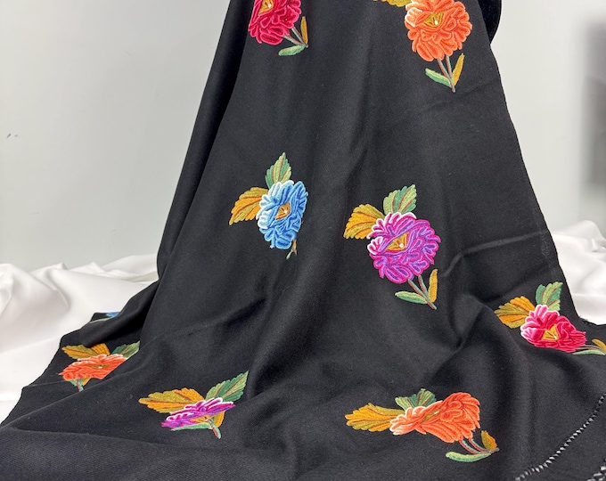 Elizabeth Hand Embroidered Rose Wool Scarf / Wrap