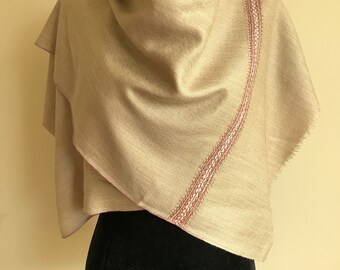 Zayna Royale Hand Embroidered Wool Scarf / Wrap - Biscotti