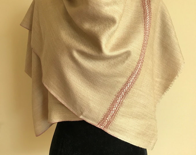 Zayna Royale Hand Embroidered Wool Scarf / Wrap - Biscotti