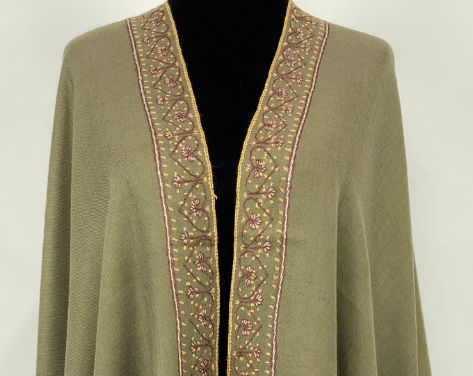 Alawi Sandala Hand Embroidered Wool Shawl - Olive Moss Green