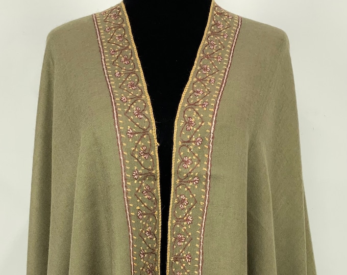 Alawi Sandala Hand Embroidered Wool Shawl - Olive Moss Green