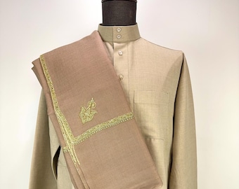 Regal Extra Large Premium Wool Shawl - Hand Embroidered - Sepia Brown
