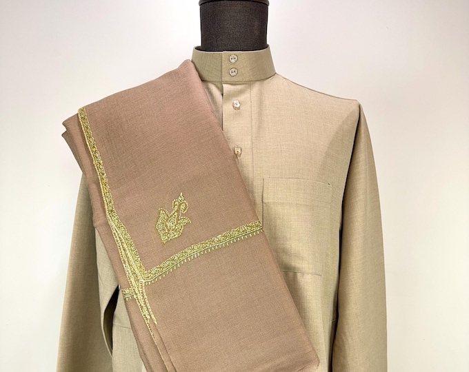 Regal Extra Large Premium Wool Shawl - Hand Embroidered - Sepia Brown