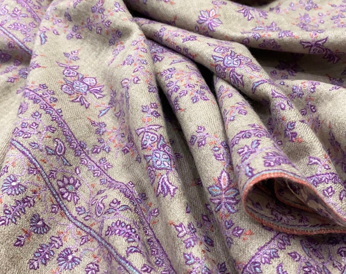 Josephine Floral Handloom Handspun Hand Embroidered Cashmere Shawl -  Lavender Tan