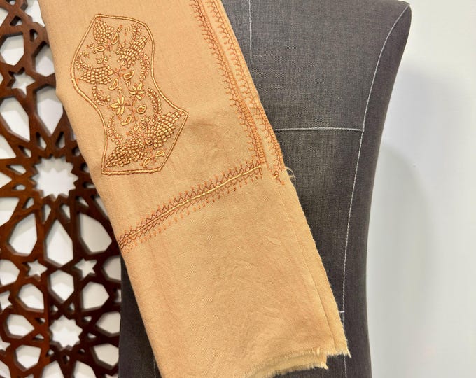 Zayn Sandala Hand Embroidered Wool Shawl - Desert Sand Brown