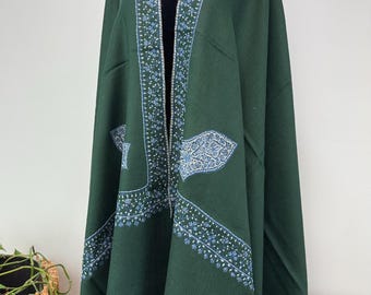 Darqawi Sandala Hand Embroidered Wool Shawl - Pine Green