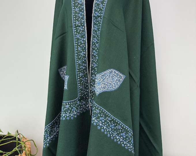 Darqawi Sandala Hand Embroidered Wool Shawl - Pine Green