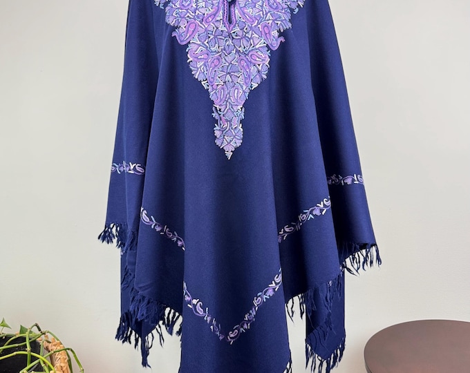 Hand Embroidered Light Weight Kashmiri Wool Poncho - Navy Blue